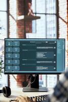 Person using program on computer integrating language model functions and processing user input, produce text output within AI chatbot interface, close up shot of PC screen photo