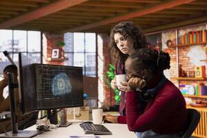Teamworking technicians coding advanced AI algorithm and machine learning models enhancing automation. Employee talking with coworker in artificial intelligence Silicon Valley workplace photo