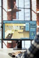Interior designer uses architectural software to show customers what their home will look like after finishing remodeling commission. Man preparing visual preview for clients on PC, close up photo