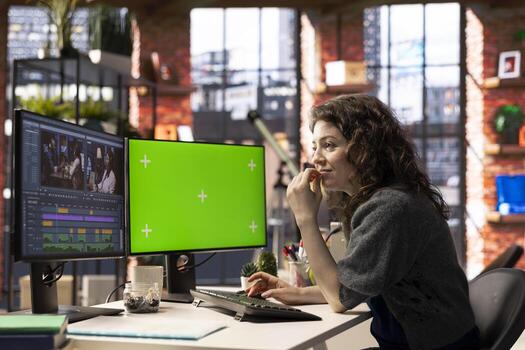 Woman creator edits a multimedia project next to chroma key at agency office, using professional tech tools and editing software to manage timeline editing and production. photo