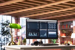 Financial program user interface on PC screen on home office desk showing business growth charts. Accounting sales stats on computer monitor showing economical figures kpi indicators photo