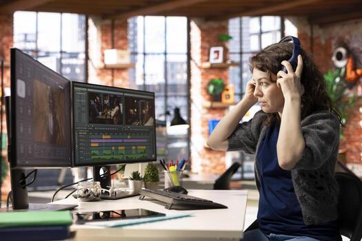 Woman filmmaker editing footage with professional software, creating a montage for a cinematic project using dual monitors at the agency. Editor working on a creative process. photo