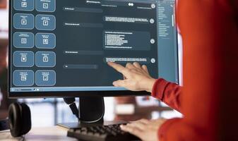 Woman uses AI chatbot system on a computer to guide her through problem solving tasks, futuristic technology highlights smart algorithms and machine learning. Online communication and support. photo