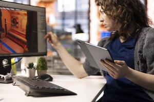 Game developer utilizes program to design spaceship station using deep learning and automation, futuristic environment enhanced by machine learning based solutions and cloud computing. photo