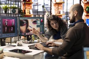 Photographers team collaborate on content using text to image tools. The editing software provides automation and advanced deep learning solutions for photo retouching.