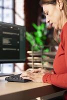 Woman typing commands into a futuristic AI chatbot to help her solve tasks, artificial intelligence demonstrates the power of automation and virtual assistance for seamless productivity. photo