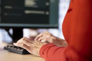 Online interaction with an AI chatbot system on a desktop pc, woman using technology evolution, virtual assistance and automated dialogue for convenient data driven productivity and innovation. photo