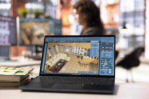Architectural designer works on a digital home design project, using a 3D modeling program to arrange furniture. The software with advanced user interface for professional rendering. photo