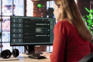 Adult types prompts on a PC to receive responses, working from home using artificial intelligence for efficiency. Advanced chatbot demonstrates efficient support and automation. photo