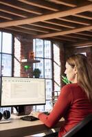 Desktop AI chatbot delivering data driven responses to a person working from home, intelligent web interface. Machine learning and automation in providing instant convenient online assistance. photo