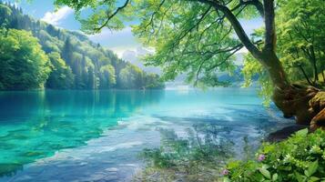Serene Lake Surrounded by Lush Greenery photo