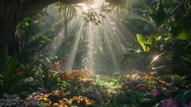 Sunbeams Illuminating a Tropical Rainforest photo