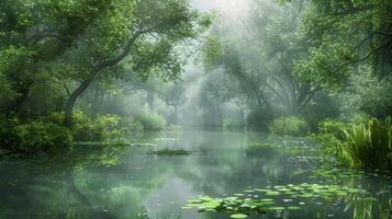 Sunbeams Through the Mist A Serene Forest River photo