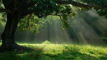 Sunbeams Through Forest Clearing photo