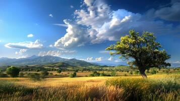 Tranquil Landscape with a Solitary Tree and Mountain Range photo