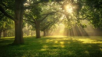 Sunbeams Through the Tree in Tranquil Forest photo