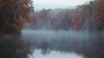 Misty Autumn Landscape with Trees Reflecting in Still Water photo
