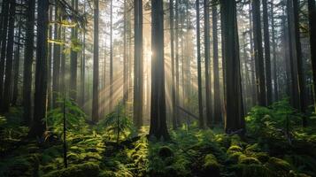 Sunbeams Through a Foggy Forest photo
