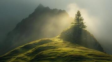 Sunlight Through the Mist on a Mountain Peak photo