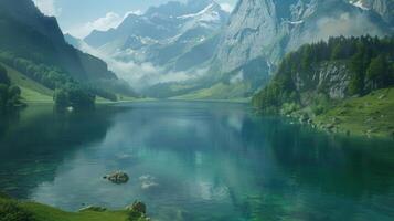Serene Mountain Lake with Mist and Clear Water photo