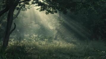 A Sunbeams Piercing Through Misty Forest photo