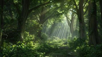Sunbeams Shining Through Dense Forest photo