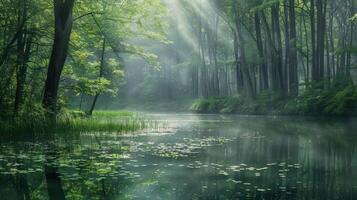 Sunbeams Through Mist in a Forest photo