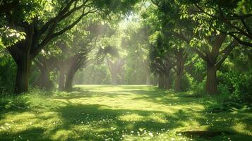 Sunbeams Through the Trees in a Lush Green Forest photo