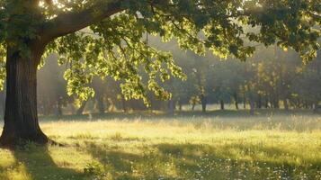 Sunlight Filtering Through Tree Branches in a Summer Meadow photo