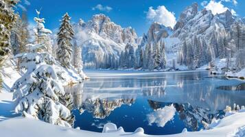 Winter Wonderland A Frozen Lake Reflecting Snow-Capped Mountains photo
