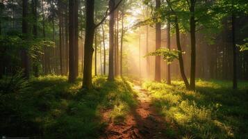 The Sunbeams Through Misty Forest Path photo