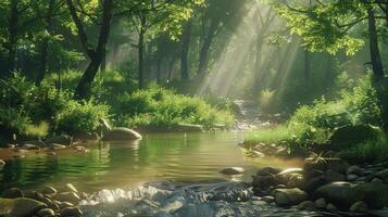 Sunbeams Through a Tranquil Forest Stream photo