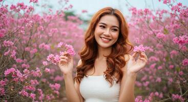 Thai Woman with Curly Red Hair in White Top Enjoying Blooming Garden photo
