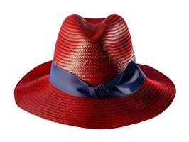 A summer hat with a blue ribbon, red in color, shown from the front view, on a white background photo