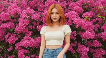 Thai Woman with Short Blonde Hair in White Top in Serene Floral Setting photo