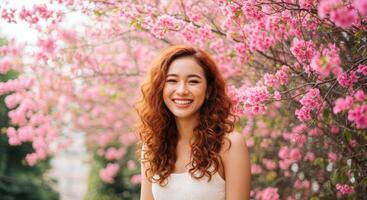 Smiling Thai Woman with Curly Red Hair in White Top in Flower Field photo
