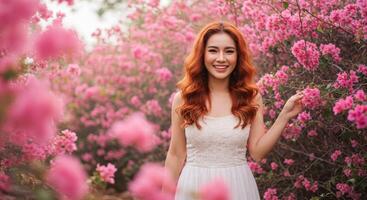 Thai Woman with Curly Red Hair in White Top Amidst Blooming Pink Flowers photo