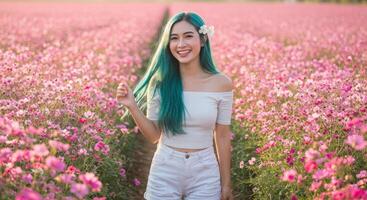 Thai Woman with Blue Hair in Off-Shoulder Top Enjoying Blooming Flower Field photo