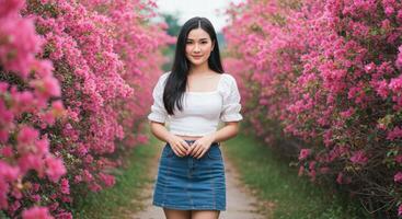 Thai Woman with Long Black Hair in White Top Walking Along Pink Flower Pathway photo