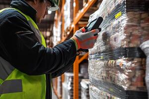 A worker in a warehouse using a handheld scanner photo
