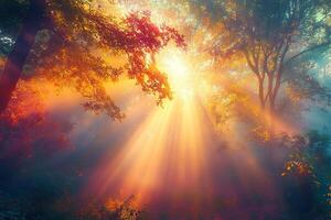 Sunbeams shining through the trees in a forest photo