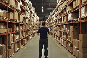 A man standing in a warehouse aisle with boxes photo