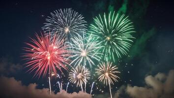 Fireworks in the sky with clouds and green and red colors photo