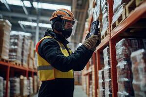 A worker in a warehouse is using a tablet photo