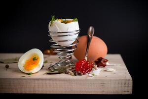 Quick and easy breakfast.red caviar in a spoon and morning boiled egg for breakfast, isolated on black background photo