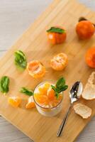 Tangerines and yogurt for breakfast. Refreshing dessert with tangerines and yogurt photo