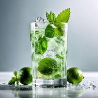 Mojito cocktail in a tall glass with fresh mint leaves, lime slices and ice cube. Trendy summer concept, refreshing cocktail with citrus. Design element photo