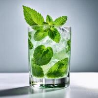 Mojito cocktail in a glass with fresh mint leaves and ice. Trendy summer concept of refreshing lemonade drink with citrus. Design element photo