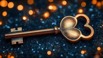 Antique heart-shaped key on sparkly background. photo