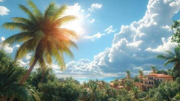 Sunny tropical island paradise with palm trees, ocean view, and houses. photo